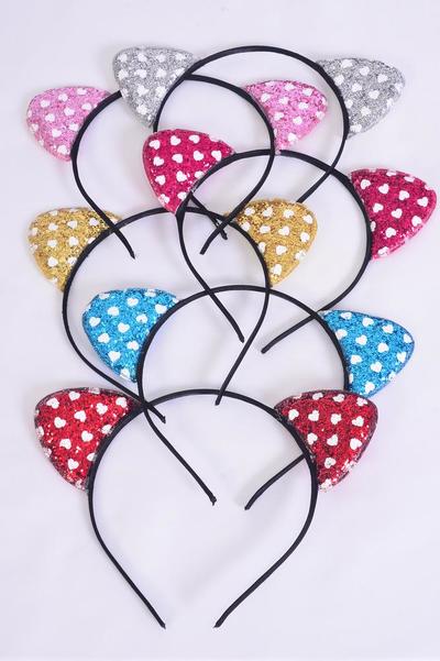 Headband Horseshoe Kitty Cat Ears Glitter Heart Multi / 12 pcs = Dozen Multi , 2 of each Color Asst , Hang Tag & UPC Code