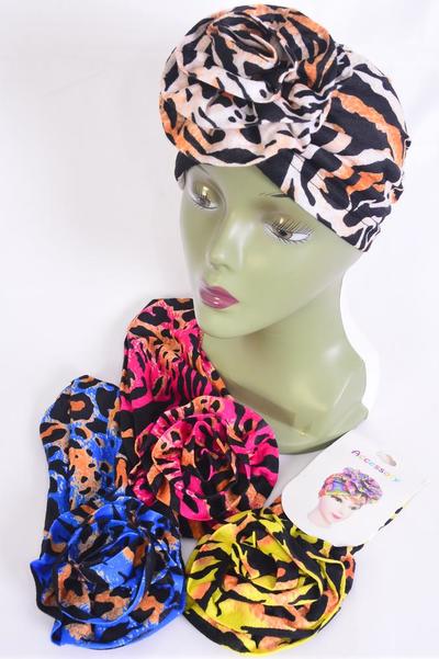 Turban Headwrap Cotton Stretch  Ethnic Leopard / 12 pcs = Dozen Multi , 3 Of each Pattern Asst , Wrinkle Free , Super Comfort , Hang Tag & UPC Code