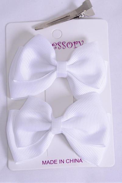 Hair Bows 24 pcs Double Layered Grosgrain Bowtie White / 12 Pair = Dozen  Alligator Clip , Bow Size-3"x 2" Wide , 2 pcs per Card , 12 card = Dozen