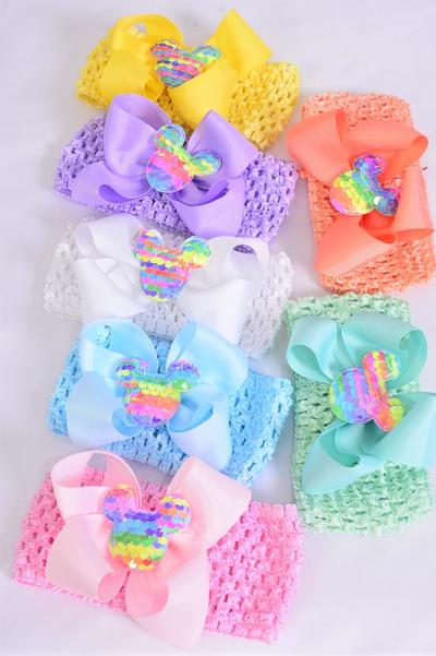 Ballerina Headband Mouse Ear Charm Grosgrain Bow-tie Pastel / 12 pcs = Dozen Stretch , Ballerina-2.75" Wide , Bow - 5"x 4" , 2 White , 2 Pink , 2 Blue , 2 Purple , 2 Yellow , 1 Peach , 1 Mint Mix , Hang Tag & OPP Bag UPC Code