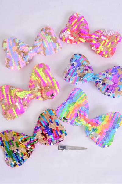 Hair Bow Flip Sequin Iridescent Center Sequin Butterfly Charm Multi / 12 pcs Bow = Dozen Alligator Clip , Size - 6" x 4" Wide , 3 Multi , 3 Rainbow , 2 Of each Other Color Mix , Clip Strip & UPC Code
