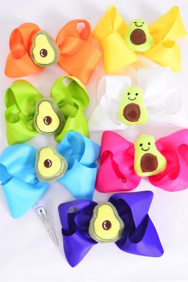 Hair Bow Jumbo Avocado Adorable Stuffed Toy Charm Grosgrain Bow-tie Citrus / 12 pcs Bow = Dozen Alligator Clip , Size - 6" x 5" Wide , 2 Fuchsia , 2 Turquoise , 2 White , 2 Purple , 2 Yellow , 1 Orange , 1 Lime Color Asst , Clip Strip & UPC Code