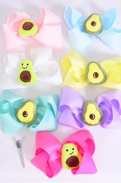Hair Bow Jumbo Center Avocadorable Stuff Charm Grosgrain Bow-tie Pastel / 12 pcs Bow = Dozen Alligator Clip , Size - 6" x 5" Wide , 2 White , 2 Baby Pink , 2 Lavender , 2 Hot Pink , 2 Mint , 1 Blue , 1 Yellow Color Asst , Clip Strip & UPC Code