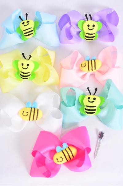Hair Bow Jumbo Honey Bee Stuffed Toy Charm Grosgrain Bow-tie Pastel / 12 pcs Bow = Dozen Alligator Clip , Size - 6" x 5" Wide , 2 White , 2 Baby Pink , 2 Lavender , 2 Hot Pink , 2 Mint , 1 Blue , 1 Yellow Color Asst , Clip Strip & UPC Code