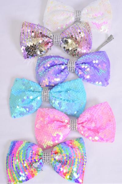 Hair Bow Flip Sequin Iridescent Center Clear Stones Pastel / 12 pcs Bow = Dozen Alligator Clip , Size-6"x 4" Wide , 2 Of each Pattern Mix , Clip Strip & UPC Code