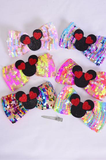 Hair Bow Flip Sequin Iridescent  Center Mouse ear charm Multi/DZ **Multi** Alligator Clip,Size-6"x 4" Wide,3 Multi,3 Rainbow,2 Of each Other Color Mix,Clip Strip & UPC Code