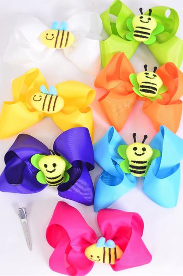 Hair Bow Jumbo Honey Bee Stuffed Toy Charm Grosgrain Bow-tie Citrus / 12 pcs Bow = Dozen Alligator Clip , Size - 6" x 5" Wide , 2 Fuchsia , 2 Turquoise , 2 White , 2 Purple , 2 Yellow , 1 Orange , 1 Lime Color Asst , Clip Strip & UPC Code