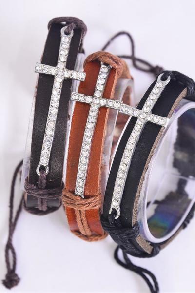 Bracelet Real Leather Band Rhinestone Sideways Cross / 12 pcs = Dozen  Unisex , Justable , 4 of each Pattern Asst , Hang tag & OPP Bag & UPC Code