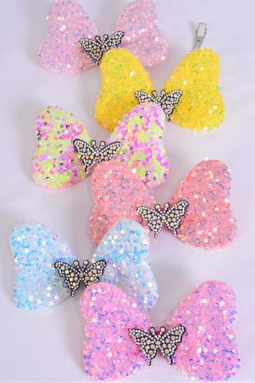 Hair Bow Flip Sequin Iridescent Center Butterfly Charm Pastel/DZ **Pastel** Alligator Clip,Size-6"x 4" Wide,2 Of each Color Mix,Clip Strip & UPC Code