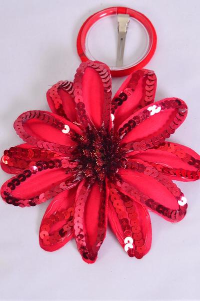 Sequin Flower Jumbo Red Alligator Clip & Brooch Mix/DZ **Red** Size-6",Alligator Clip & Brooch,6 Red,6 Crimson Red Mix,Display Card & UPC Code,W Clear Box