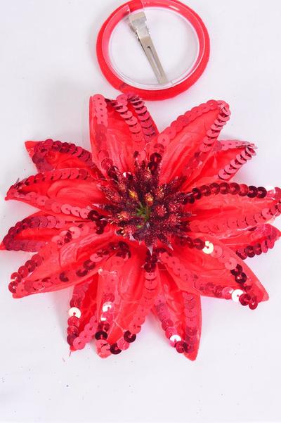 Sequin Flower Jumbo Poinsetta Red Alligator Clip/DZ **Red** Flower Size-6" Wide,Alligator Clip & Brooch,Display Card & UPC Code,Clear Box