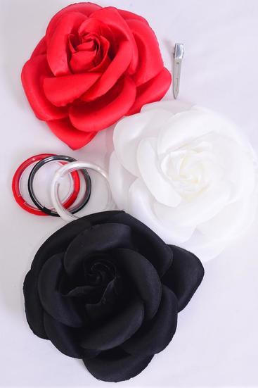 Flower Silk Flower Rose Jumbo Red White Black Mix / 12 pcs = Dozen Size - 6" Wide , Alligator Clip & Brooch & Elastic , 4 Red , 4 White , 4 Black Color Asst , Hang Tag & UPC Code , W Clear Box