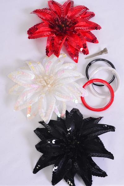 Sequin Flower Jumbo Poinsetta Red Black Beige Mix Alligator Clip/DZ Size-6" Wide,Alligator Clip & Brooch,4  of each Color Asst,Display Card & UPC Code, Clear Box