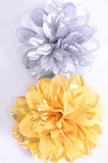 Flower Jaw Clip Bouquet Metallic Gold Silver Mix / 12 pcs Jaw Clip Flower = Dozen Flower Size - 5.5" Wide ,  6 Of Each Pattern Asst , Display Card & UPC Code , Clear Box