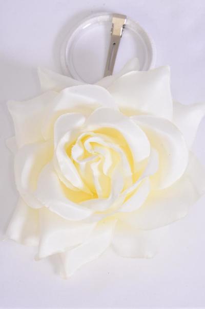 Flower Silk Rose Large Beige Cream / 12 pcs Flower = Dozen Size - 5.5" Wide , Alligator Clip and Brooch , Hang Tagd & UPC Code , W Clear Box
