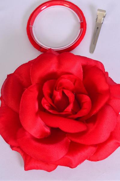 Flower Silk Flower Tea-Rose Large Red / 12pcs Flower = Dozen Red - Size - 5.5" Wide , Alligator Clip & Brooch & Elastic Pony , Hang Tag & UPC Code , W Clear Box