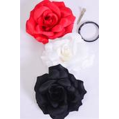 Flower Silk Tea-Rose Large Red White Black Mix/DZ Size-5.5&quot;,Alligator Clip &amp; Brooch &amp; Alligator Clip,4 Red,4 White,4 Black,4 of each Color Asst,Hang Tag &amp; UPC Code,W Clear Box