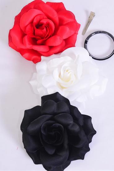 Flower Silk Rose Large Red White Black Mix / 12 pcs = Dozen  Size - 5.5" Wide , Alligator Clip & Brooch & Elastic Pony , Red , 4 White , 4 Black Color Asst , Hang Tag & UPC Code , W Clear Box