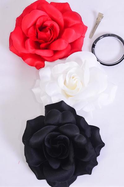 Flower Silk Rose Large Red White Black Mix / 12 pcs = Dozen  Size - 5.5" Wide , Alligator Clip & Brooch & Elastic Pony , Red , 4 White , 4 Black Color Asst , Hang Tag & UPC Code , W Clear Box