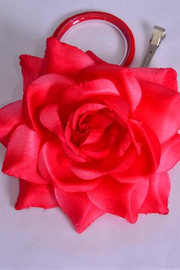Flower Silk Tea-Rose Large Poppy Red / 12 pcs Flower = Dozen Size -5.5", Elastic Pony & Alligator Clip & Brooch , Hang Tag & UPC Code , W Clear Box