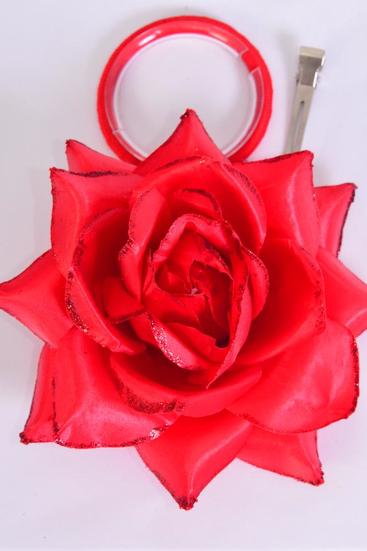 Silk Flower Tea-Rose Large Glitter Trim Red/DZ **Red** Size-5" Wide,Alligator Clip & Brooch & Elastic,6 Red,6 Crimson Color Asst,Hang Tag & UPC Code,W Clear Box