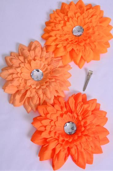 Flower Gerber Daisy Jumbo Orange Mix / 12 pcs Flower = Dozen Size - 6" Wide , Alligator Clip  Brooch Elastic Pony , 4 Tangerine , 4 Sunset Orange , 4 Autumn Orange Mix , Display Card & UPC Code , Clear Box