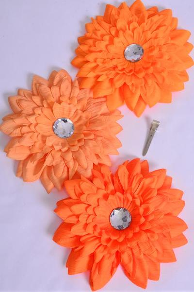 Flower Gerber Daisy Jumbo Orange Mix / 12 pcs Flower = Dozen Size - 6" Wide , Alligator Clip  Brooch Elastic Pony , 4 Tangerine , 4 Sunset Orange , 4 Autumn Orange Mix , Display Card & UPC Code , Clear Box
