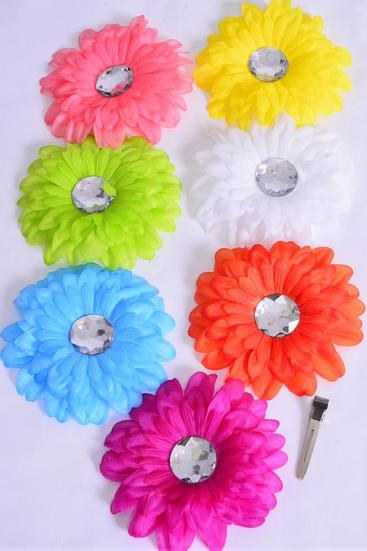 Flower Daisy Hair Clip Multi Alligator Clip / 12 pcs Flower = Dozen  Alligator Clip , Flower - 4.5" Wide , 2 Fuchsia , 2 Blue , 2 Yellow , 2 White , 2 Peach , 1 Orange , 1 Lime Color Asst , Display Card & UPC Code
