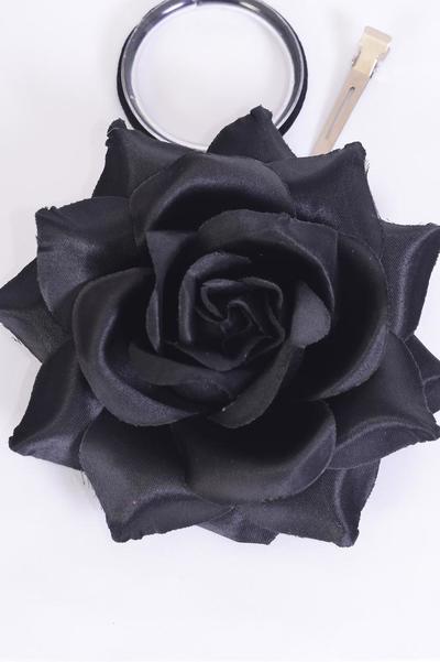 Flower Silk Flower Tea-Rose Large Black / 12 pcs Flower = Dozen Size-5.5" ,  Alligator Clip & Brooch , Hang Tagd & UPC Code , W Clear Box