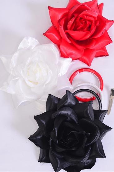 Flower Silk Flower Tea-Rose Large Glitter Trim Red White Black Mix / 12 pcs Flower = Dozen Size - 5.5" Wide , Alligator Clip & Brooch & Elastic , 4 Red , 4 White , 4 Black Color Asst  Hang Tag & UPC Code , W Clear Box