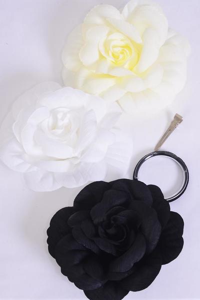Flower Silk Flower Large Rose Black White Beige Mix / 12 pcs Flower = Dozen Size - 5.5" , Alligator Clip & Elastic Pony & Brooch , 4 Beige , 4 White , 4 Black Color Asst , Display Card & UPC Code , W Clear Box
