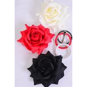 Silk Flower Tea-Rose Large Red Beige Black Mix/DZ Size-5",Alligator Clip & Brooch,4 Red,4 Beige,4 Black,4 of each Color Asst,Hang Tag & UPC Code,W Clear Box