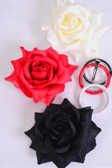 Flower Silk Flower Rose Large Red Beige Black Mix / 12 pcs Flower = Dozen Size - 5.5", Alligator Clip & Brooch , 4 Red , 4 Beige , 4 Black each Color Asst , Hang Tag & UPC Code , W Clear Box