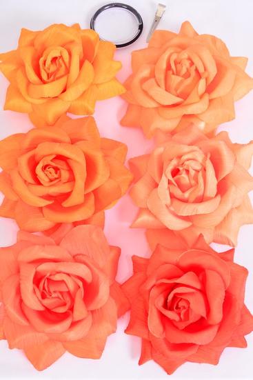 Flower Silk Flower Large Tea Rose Special Fabric Alligator Clip Orange Mix / 12 pcs Flower = Dozen   Sizev - 5.5", Alligator Clip & Elastic Pony & Brooch , 4 Tangerine , 2 Tarrid Orange , 2 Russet Orange , 2 Autumn Orange , 2 Sunset Orange Mix