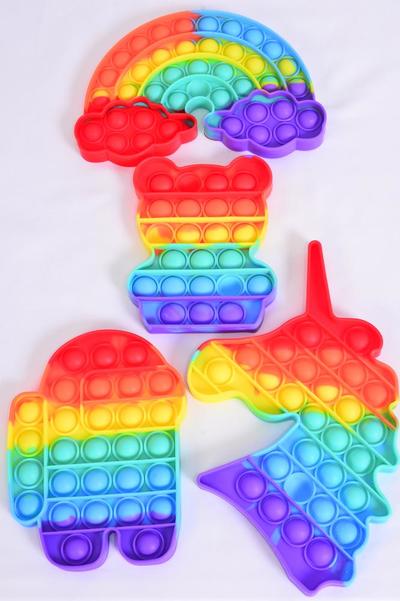 Push Pop Fidget Autism Silicone Rainbow Color Mix Pattern / 12 pcs = Dozen Push Pop , 3 Of Each Pattern Asst , Individual OPP Bag & UPC Code