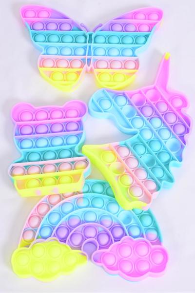 Push Pop Fidget Autism Silicone Gradient Tiedye Pastel Mix Shape / 12 pcs = Dozen Push Pop , 3 Butterfly , 3 Rainbow , 3 Robot , 3 Bear Pattern Asst , Individual OPP Bag
