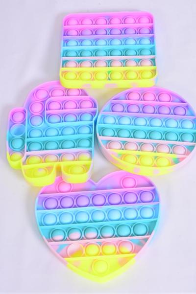 Push Pop Fidget Autism Silicone Gradient Tiedye Pastel Mix Shape / 12 pcs = Dozen Push Pop , 3 Round , 3 Robot , 3 Aquare , 3 Heart Pattern Asst , Individual OPP Bag & UPC Code