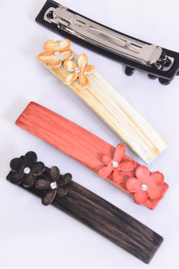 Hair Barrette French Clip Flower Brush Stroked / DZ French Clip , Size-4.5"x 0.75" Wide , 3 of each Color Asst , Hang Card & Individual OPP Bag & UPC Code