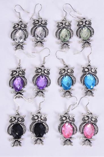 Earrings Metal Antique Silver Owl Acrylic Diamond Cut Stones Multi/DZ match 70128 **Fish Hook** Owl Size-1.25"x 0.75" Wide,2 of each Color Asst,Earring Card & OPP Bag & UPC Code