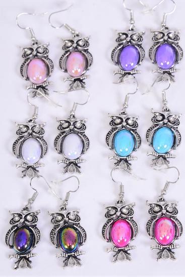 Earrings Metal Antique Silver Owl Poly Iridescent Multi / 12 pair = Dozen match 70115 26945 Fish Hook , Owl Size - 1.25" x 0.75" Wide , 2 of each Color Asst , Earring Card & OPP Bag & UPC Code