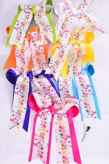Hair Bow Large Long Tail Music Note Double Layered Grosgrain Bow-tie Multi / 12 pcs Bow = Dozen Alligator Clip , Size - 6.5" x 6" Wide , 2 White , 2 Yellow , 2 Blue , 2 Hot Pink , 2 Lavender , 1 Pink , 1 Green Color Asst , Clip Strip & UPC Code