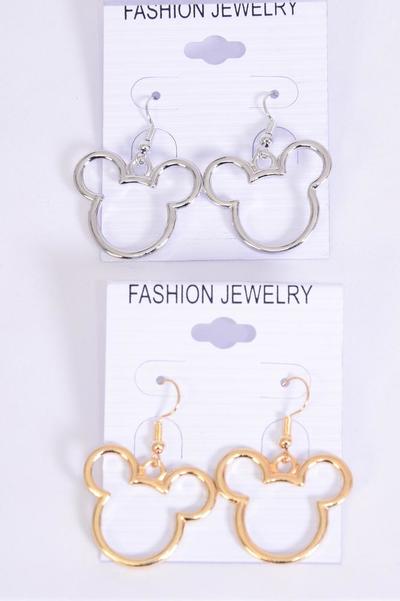 Earrings Metal Mouse Ear Gold Silver Mix / 12 pair = Dozen Fish Hook , Face Size - 1.15" Wide , 6 Gold , 6 Silver Asst , Earring Card & OPP Bag & UPC Code