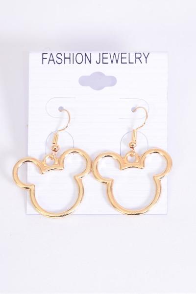 Earrings Metal Mouse Ear Gold / 12 pair = Dozen Fish Hook , Face Size - 1" Wide , Earring Card & OPP Bag & UPC Code