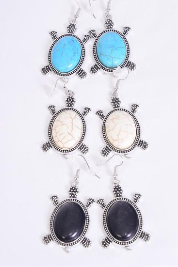 Earrings Metal Antique Turtle Semiprecious Stone /  12 pcs = Dozen Fish Hook , Size - 1.5" x 1" Wide , 4 Black , 4 Ivory , 4 Turquoise Asst , Earring Card & OPP Bag & UPC Code