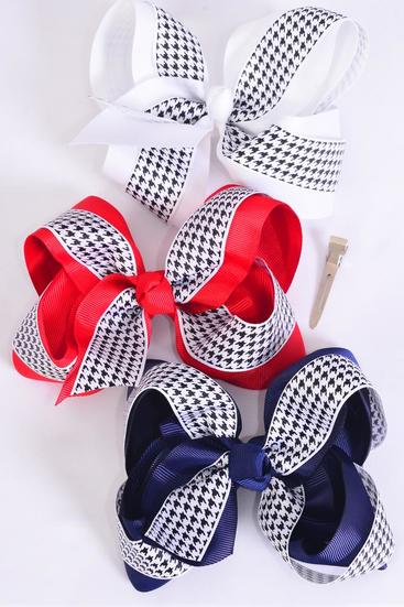 Hair Bow Jumbo Double Layered Hound tooth Grosgrain Bow-tie / 12 pcs Bow = Dozen Alligator Clip , Bow - 6 x 5" Wide , 4 White , 4 Red , 4 Navy Color Asst , Clip Strip and UPC Code