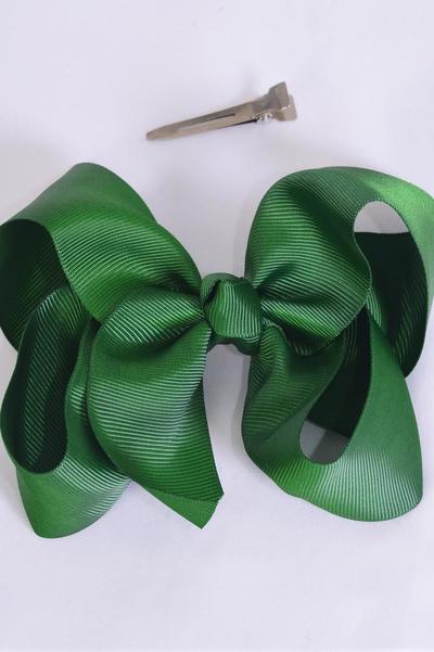 Hair Bow Jumbo Forest Green Grosgrain Bow-tie  / 12 pcs Bow = Dozen Alligator Clip , Bow Size - 6" x 5" Wide , Clip Strip & UPC Code