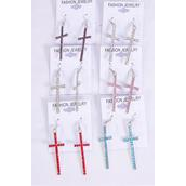 Earrings Metal Cross Silver Color Rhinestones/DZ **Fish Hook** Size-2&quot;x 0.75&quot; Wide,2  of each Color Asst,Earring Card &amp; OPP Bag &amp; UPC Code