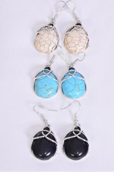 Earrings Teardrop Semiprecious Stone Trinity Celtic Knot/DZ match 70164 **Fish Hook** Size-1.25"x 1" Wide,4 Black,4 Ivory,4 Turquoise Asst,Earring Card & OPP Bag & UPC Code