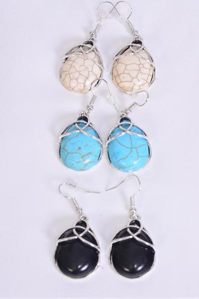 Earrings Teardrop Semiprecious Stone Trinity Celtic Knot/DZ match 70164 **Fish Hook** Size-1.25"x 1" Wide,4 Black,4 Ivory,4 Turquoise Asst,Earring Card & OPP Bag & UPC Code
