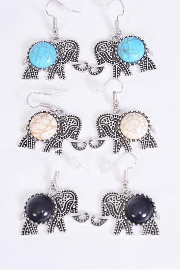 Earrings Metal Antique Elephant Semiprecious Stone/DZ  match 76014 Fish Hook,Size-1.25"x 1" Wide,4 Black,4 Ivory,4 Turquoise Asst,Earring Card & OPP Bag & UPC Code -